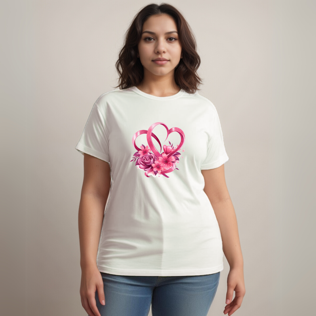 Cotton Ribbon-Heart Print T-Shirt