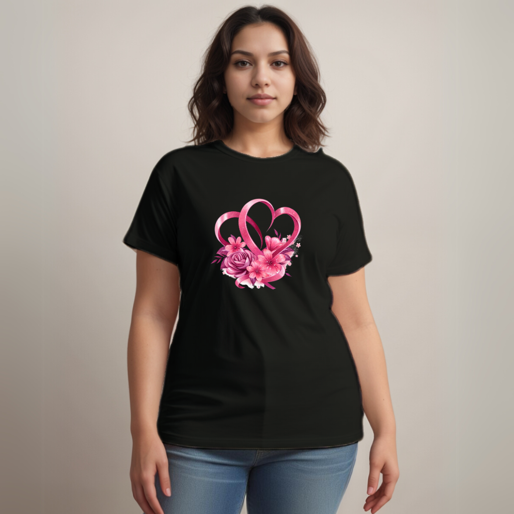 Cotton Ribbon-Heart Print T-Shirt