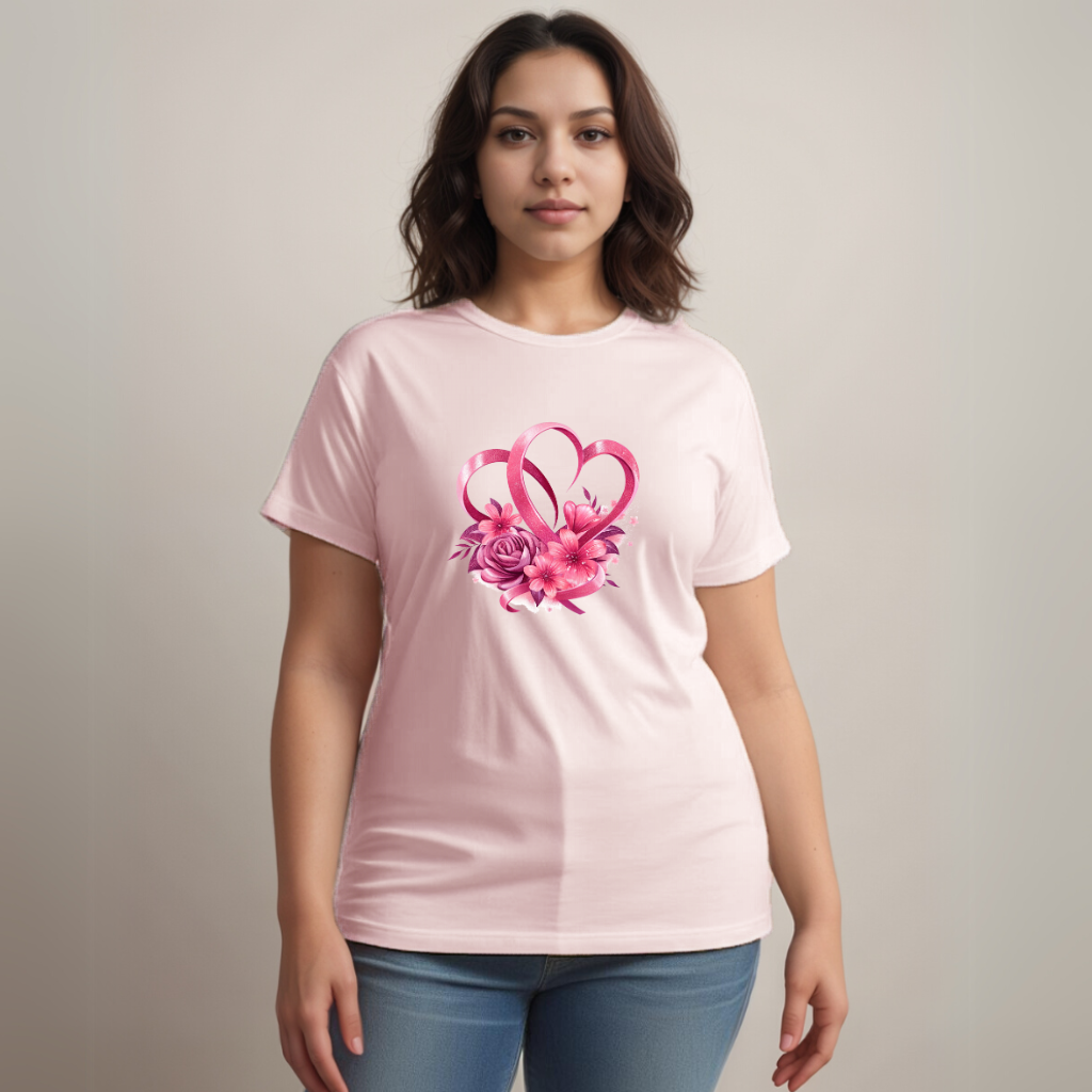 Cotton Ribbon-Heart Print T-Shirt