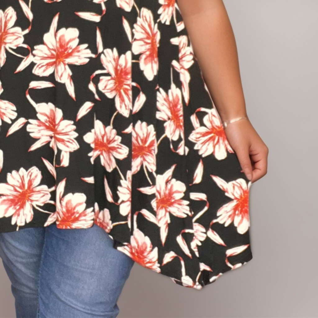 Black Red Floral Hanky Hem Swing Top