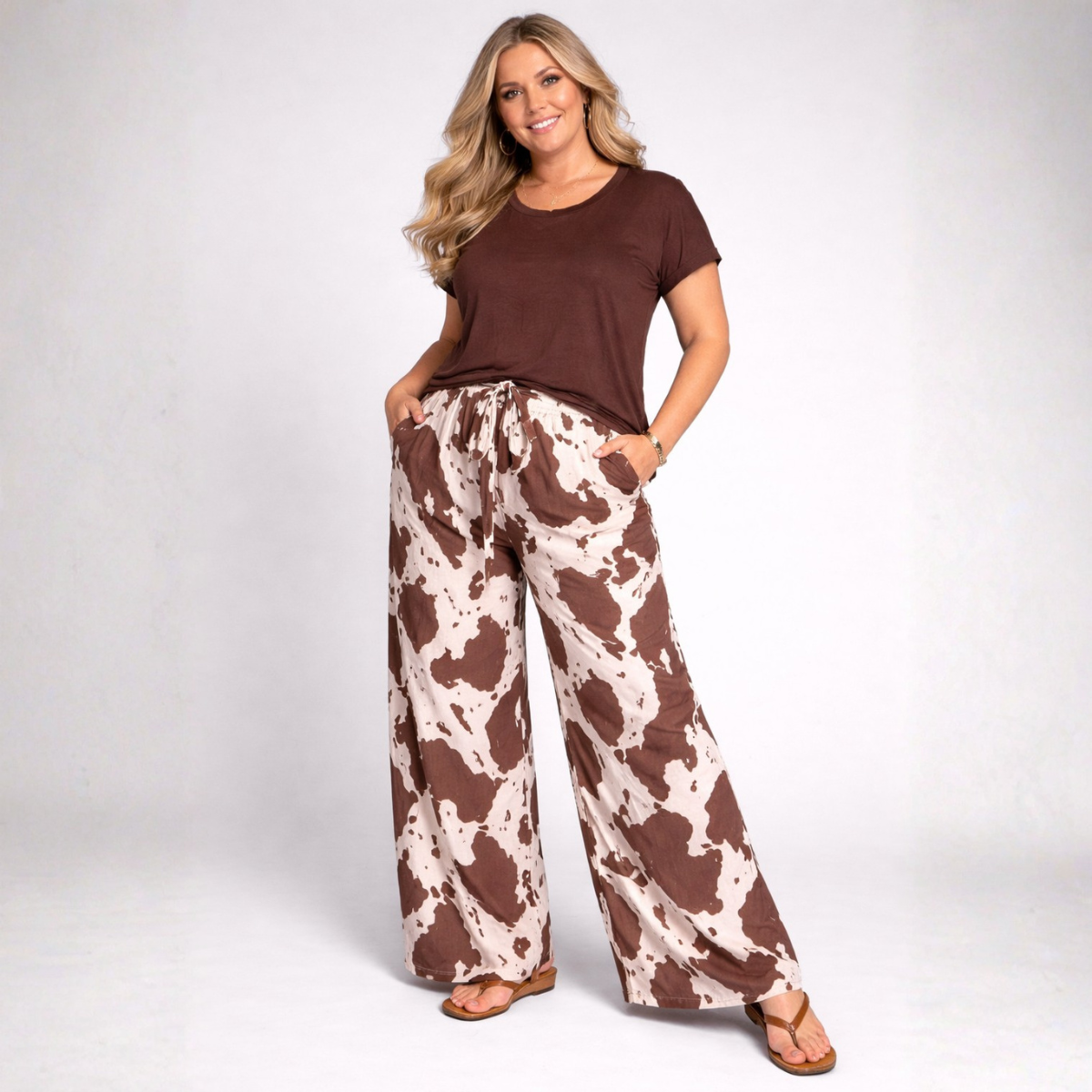 Woman wearing a brown top and cow print pants on a white background