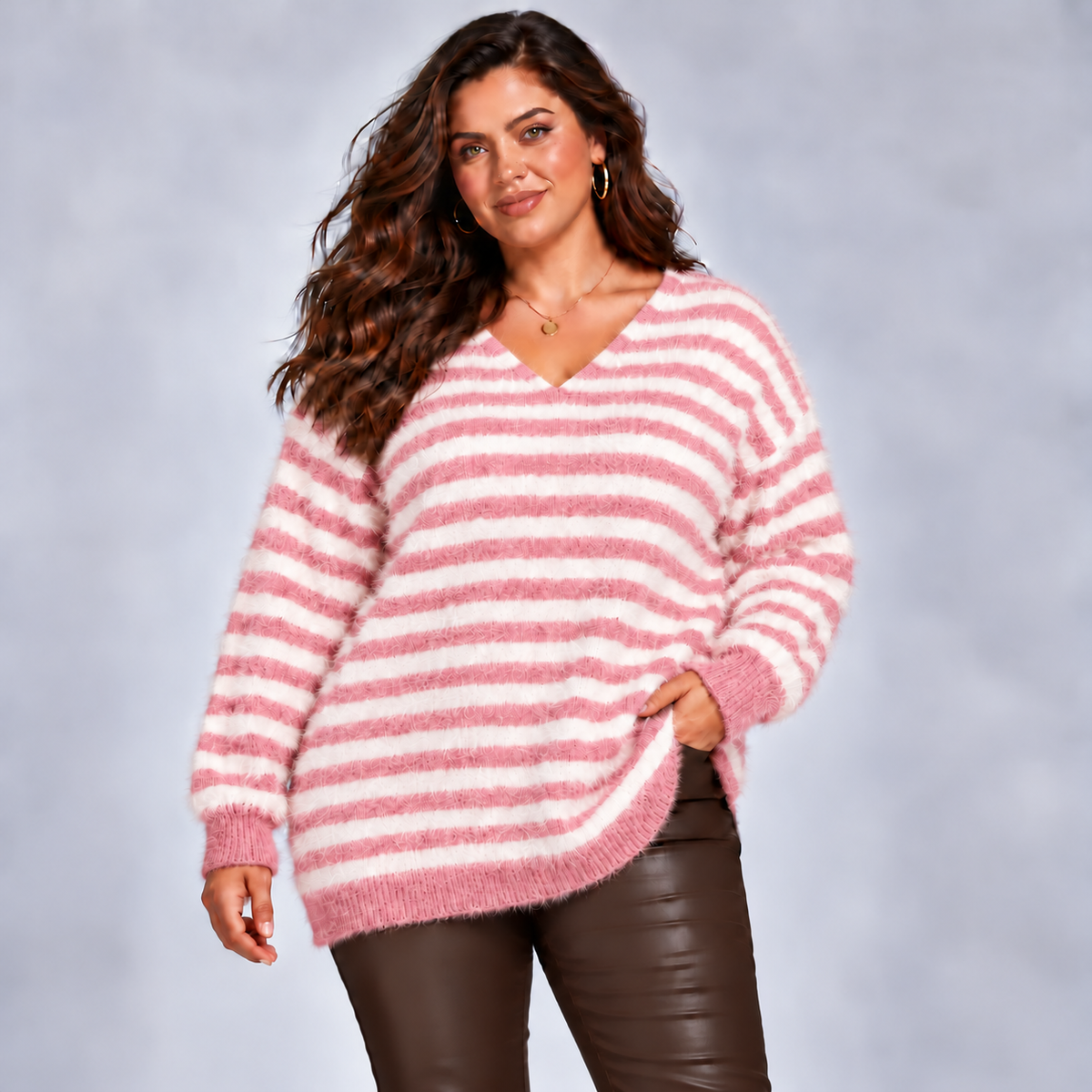 Long Length V-Neck Striped Jumper
