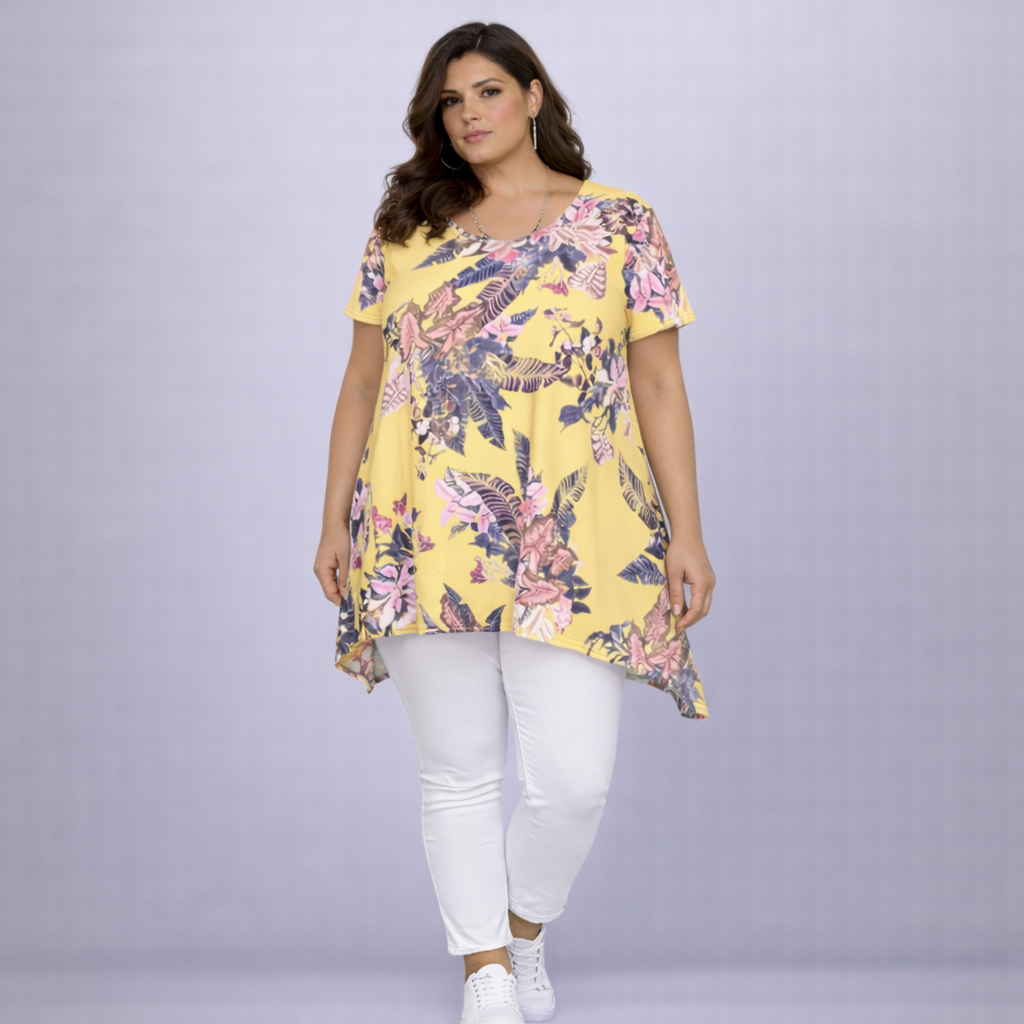 Yellow Tropical Crepe Swing Top with Hanky Hem