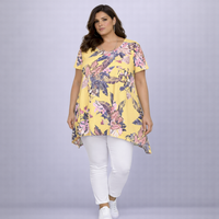 Yellow Tropical Crepe Swing Top with Hanky Hem
