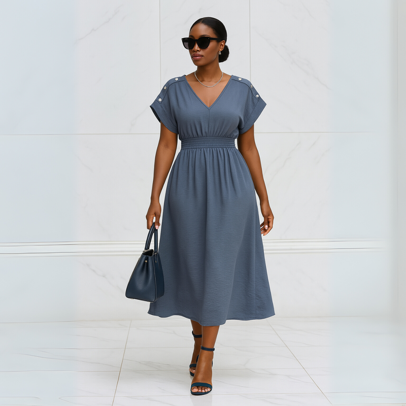 V Neck Elastic Waist Pocket Maxi Dress