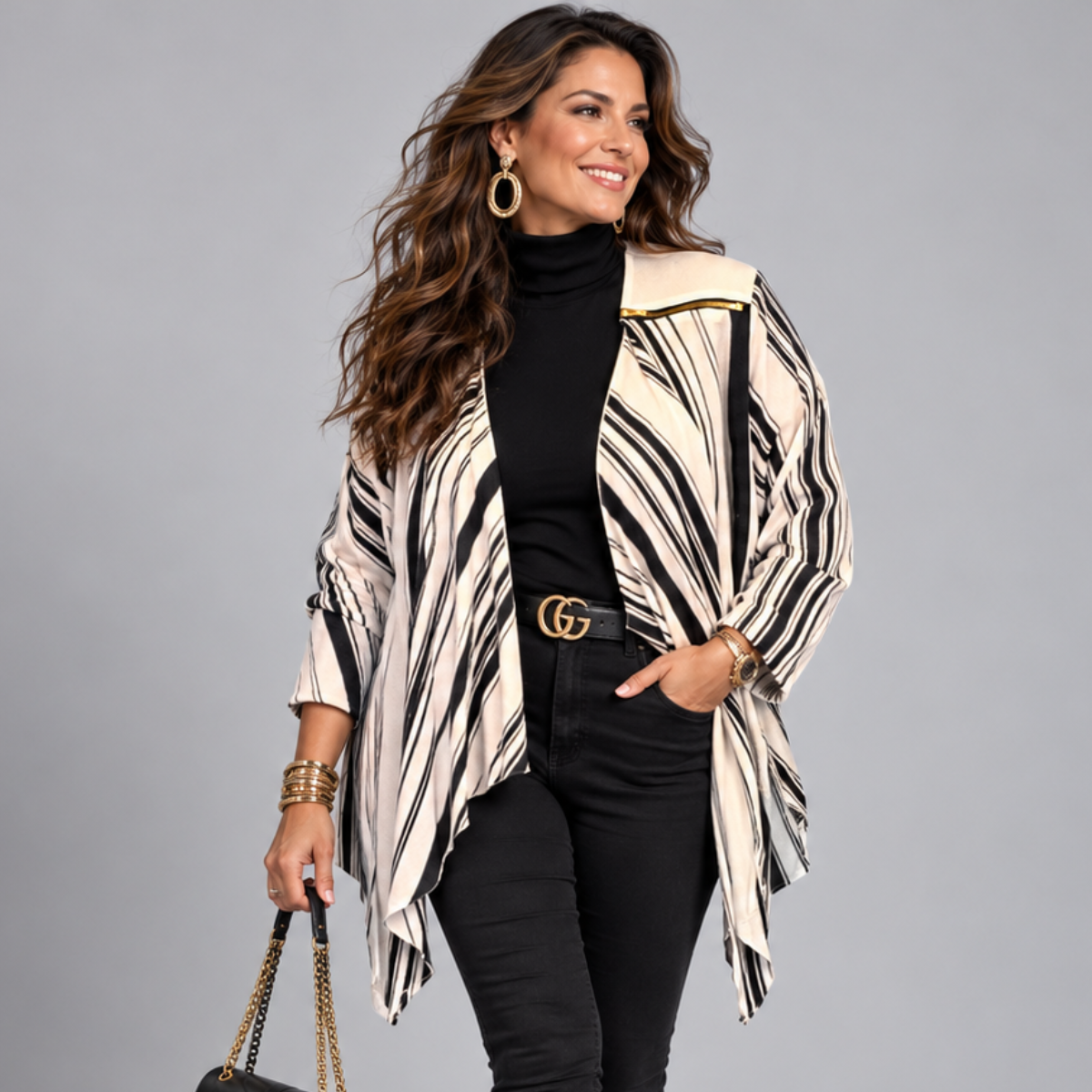 Black & White Striped Waterfall Jacket with Feature Zip Shoulders