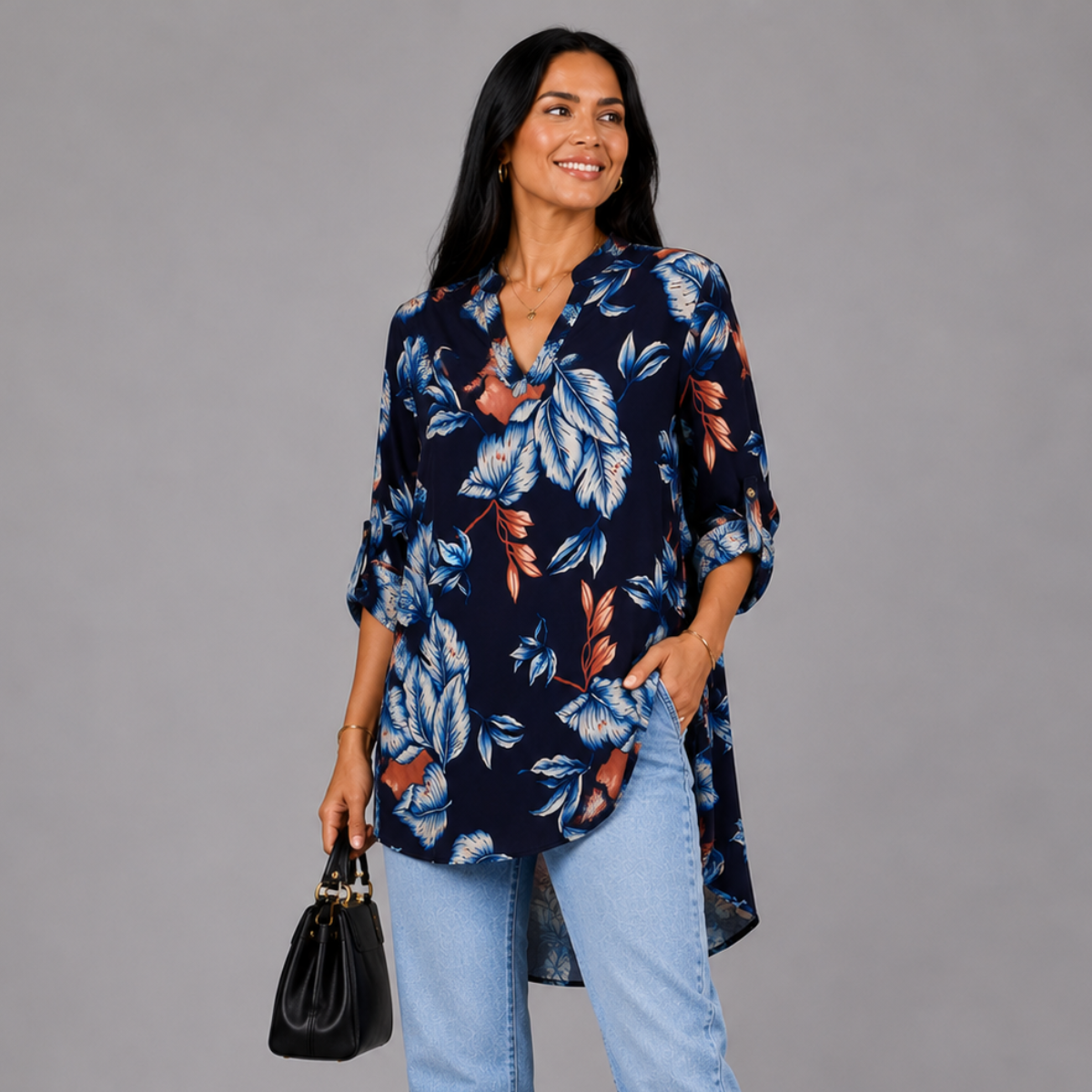 V‑Neck Floral Long Dipped Hem Top with Button Sleeves