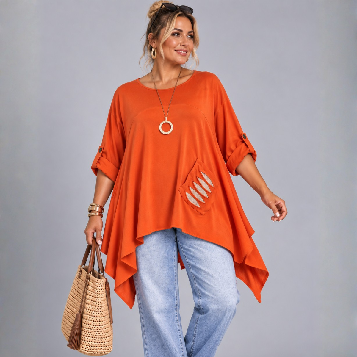 Hanky Hem Loose Fitting Sweat Top with Sequin Pocket