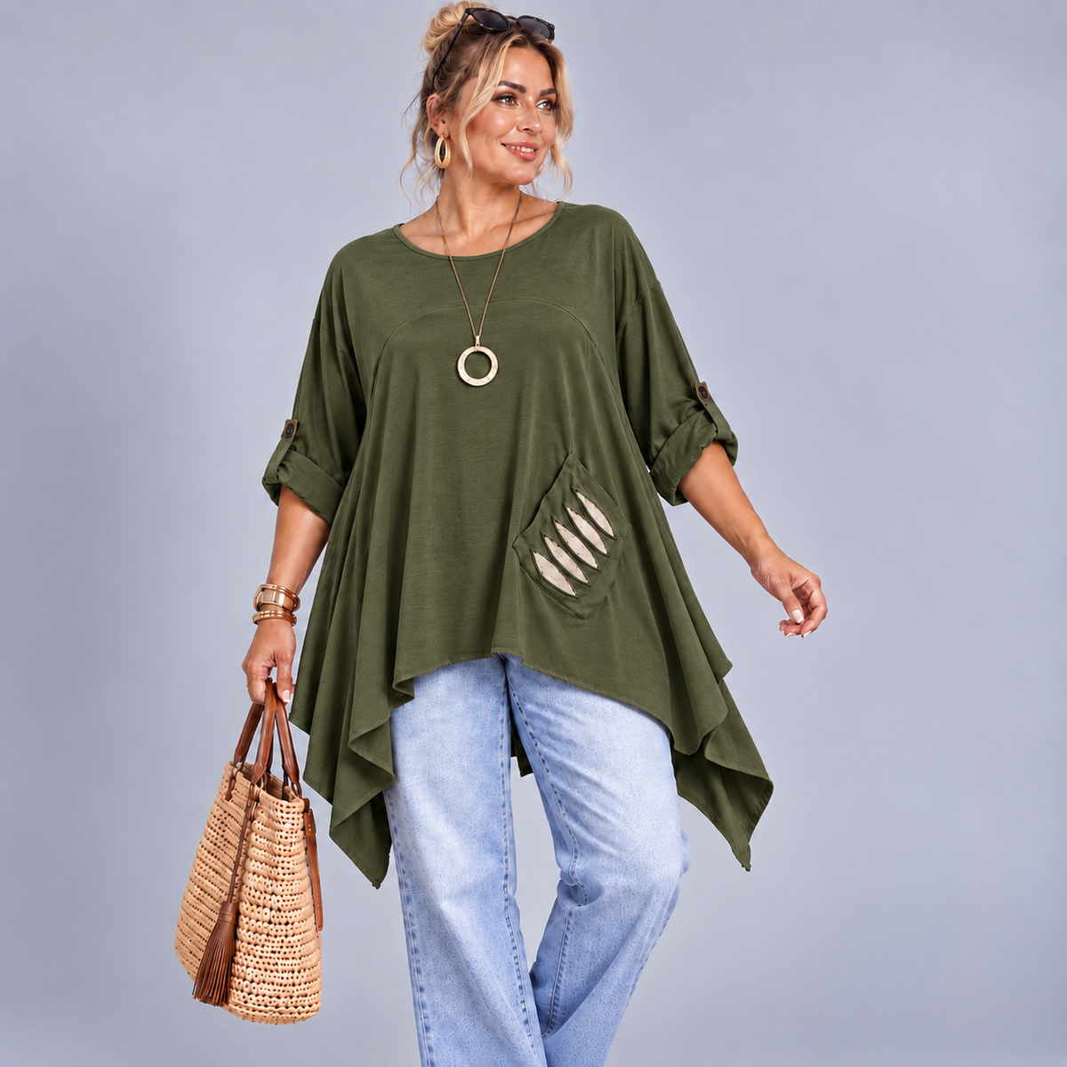Hanky Hem Loose Fitting Sweat Top with Sequin Pocket