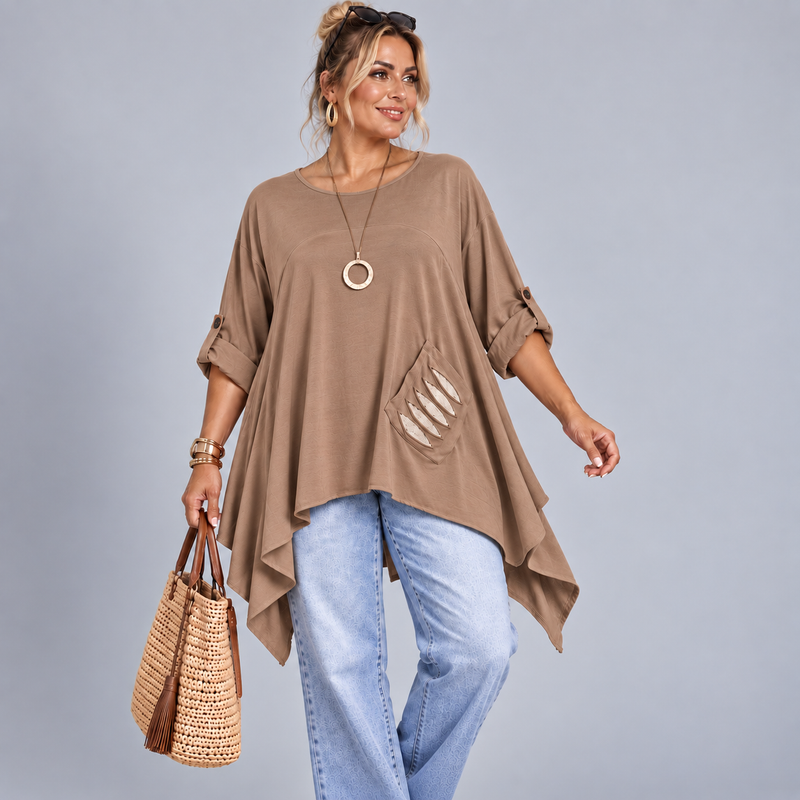 Hanky Hem Loose Fitting Sweat Top with Sequin Pocket