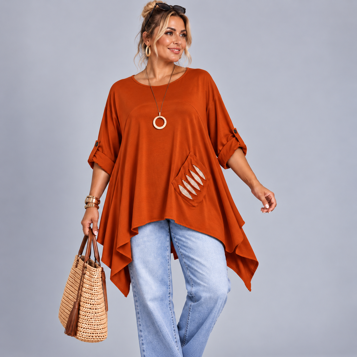 Hanky Hem Loose Fitting Sweat Top with Sequin Pocket