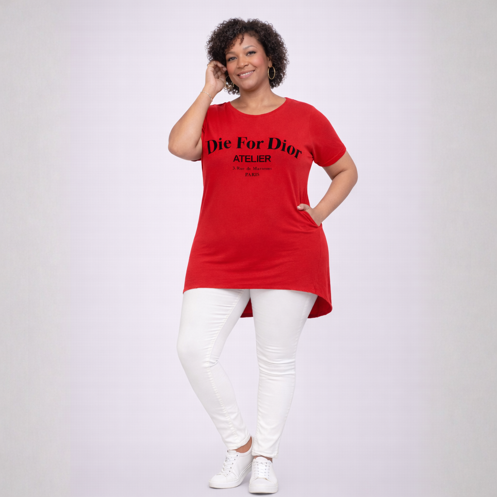 Long Dipped Hem Cap Sleeve 'Die For' Pocket T-Shirt