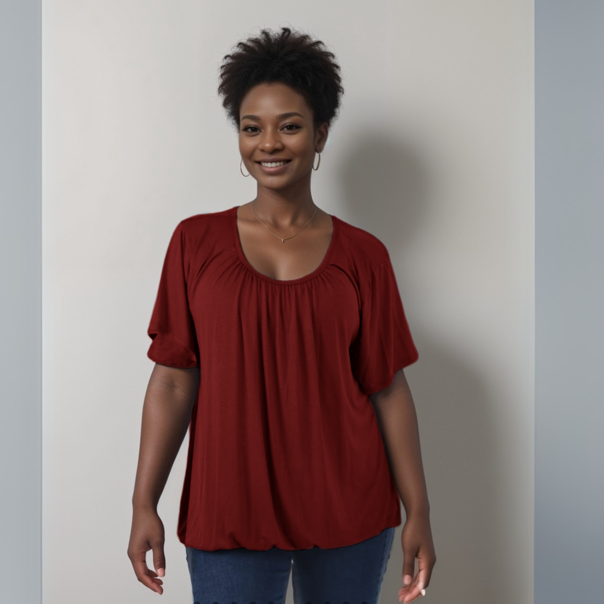 Short-Sleeve Plain T-Shirt with Elasticated Neck & Waist