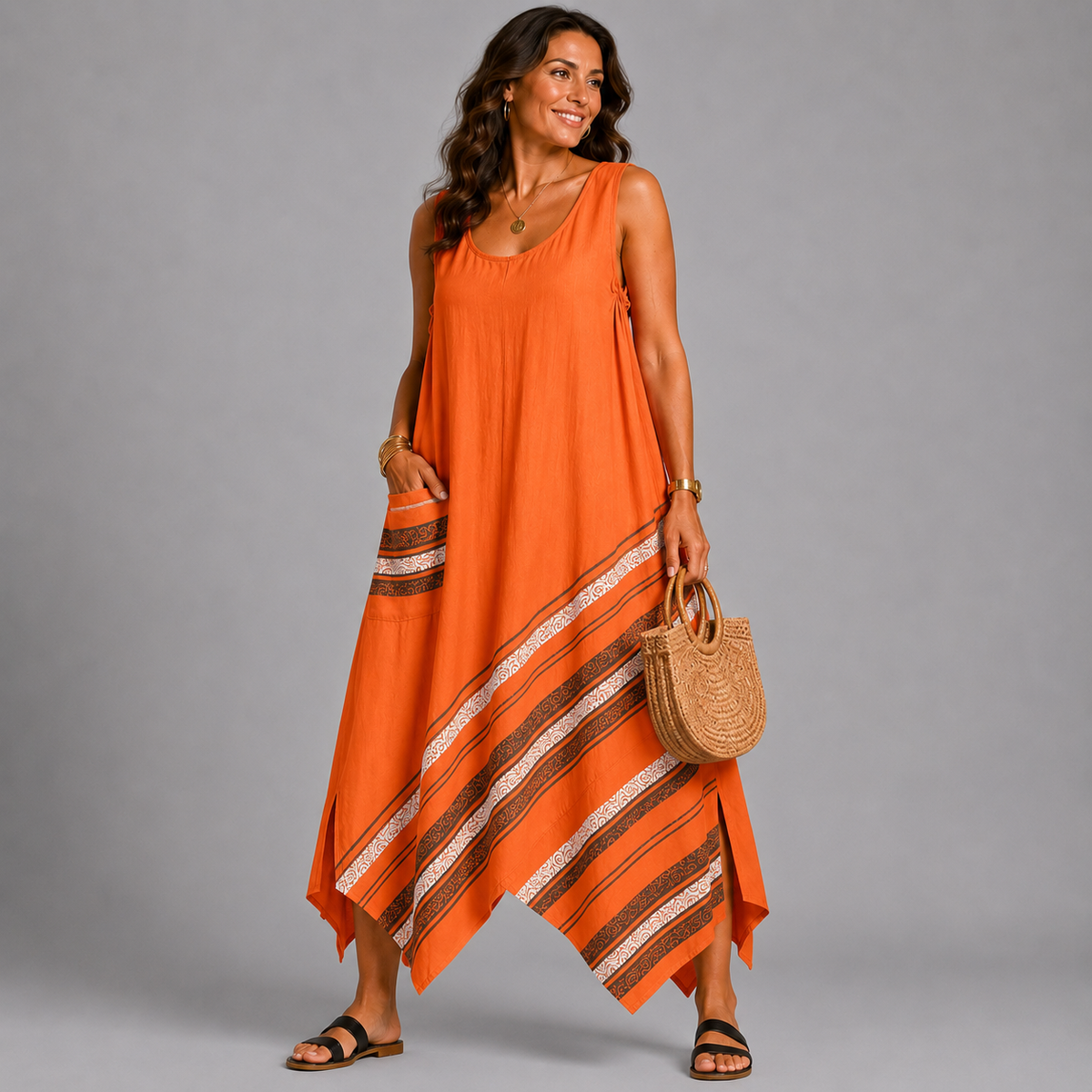 Sleeveless Hanky Hem Pocket Dress
