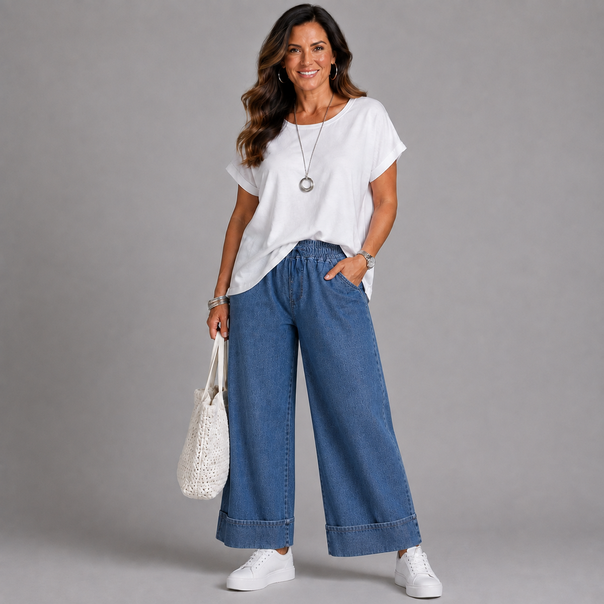 Dark Blue Stretch Denim Flared Jeans with Wide Turn-Ups