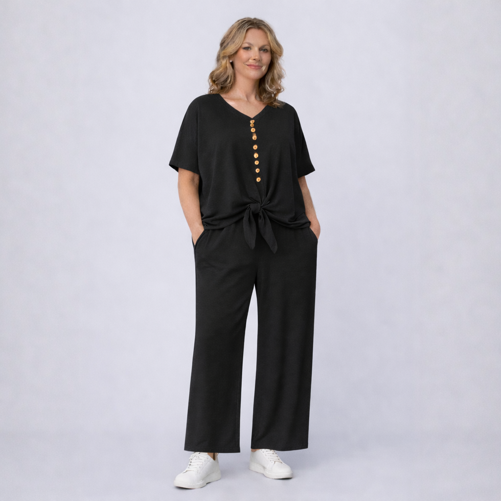 2 Piece Outfit Set with Palazzo Trousers and Tie Hem Blouse