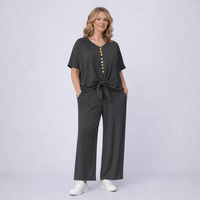 2 Piece Outfit Set with Palazzo Trousers and Tie Hem Blouse