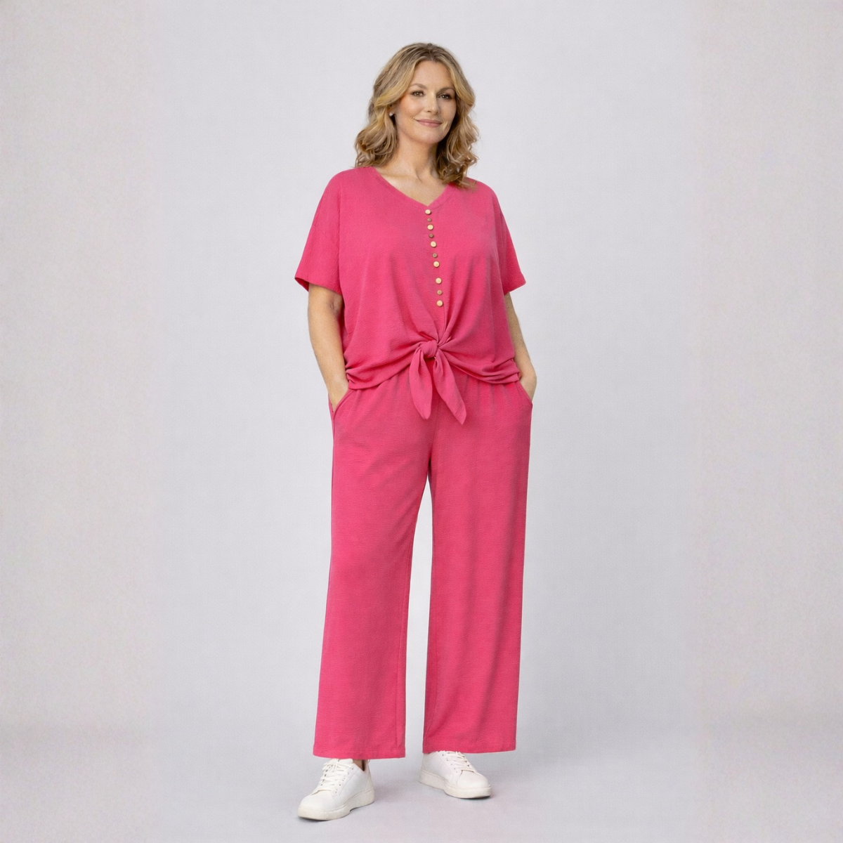 2 Piece Outfit Set with Palazzo Trousers and Tie Hem Blouse