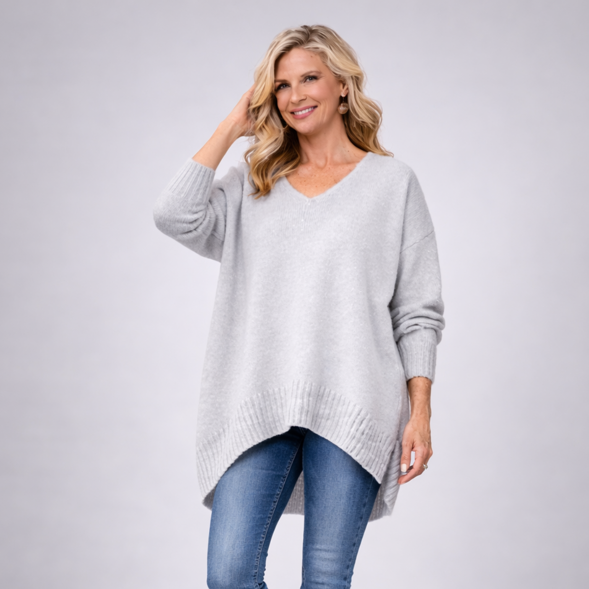 Scoop Hem Soft Fluffy V Neck Long Jumper