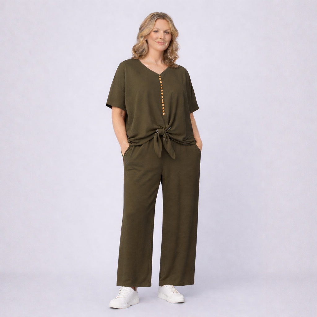 2 Piece Outfit Set with Palazzo Trousers and Tie Hem Blouse