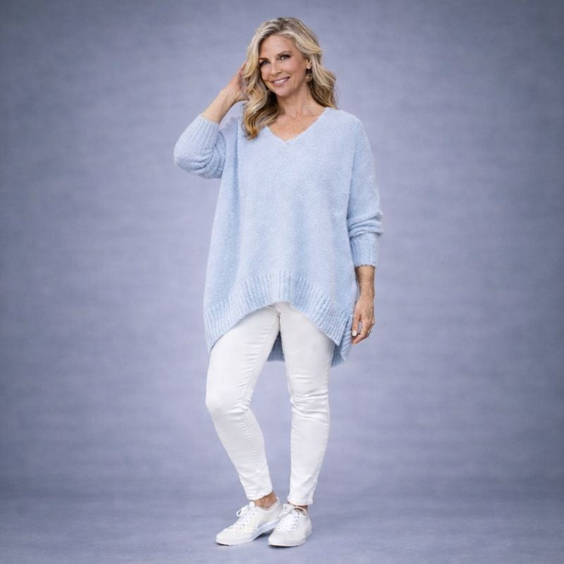 Scoop Hem Soft Fluffy V Neck Long Jumper