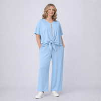 2 Piece Outfit Set with Palazzo Trousers and Tie Hem Blouse