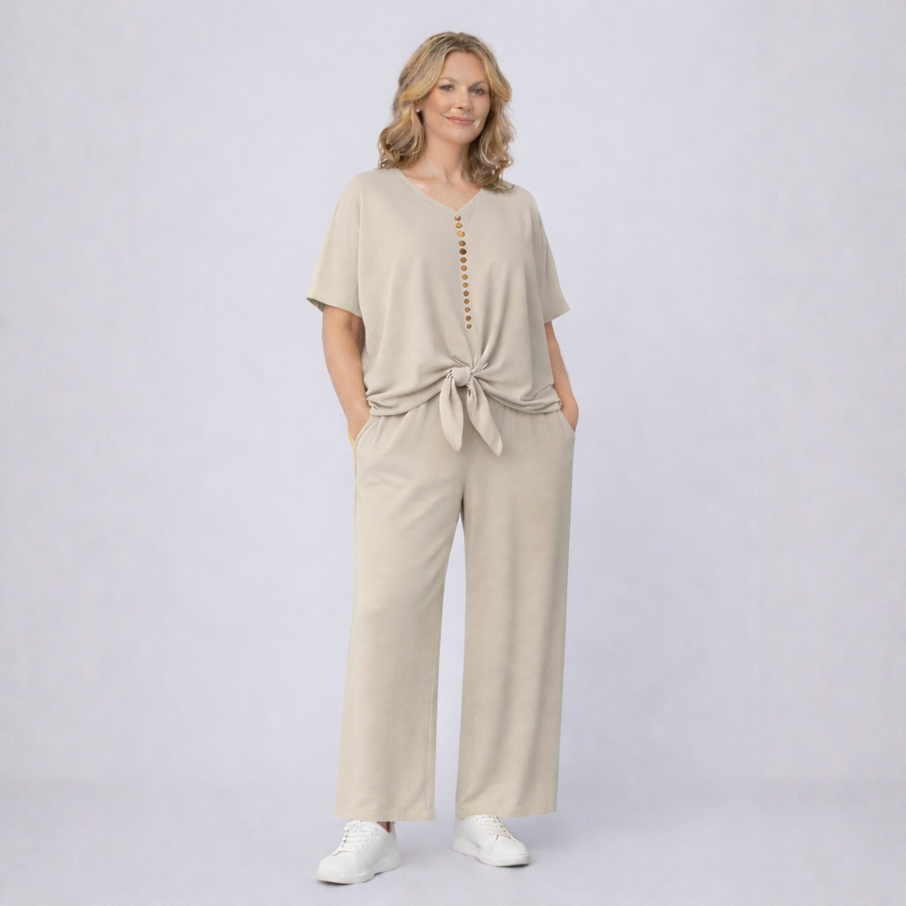 2 Piece Outfit Set with Palazzo Trousers and Tie Hem Blouse