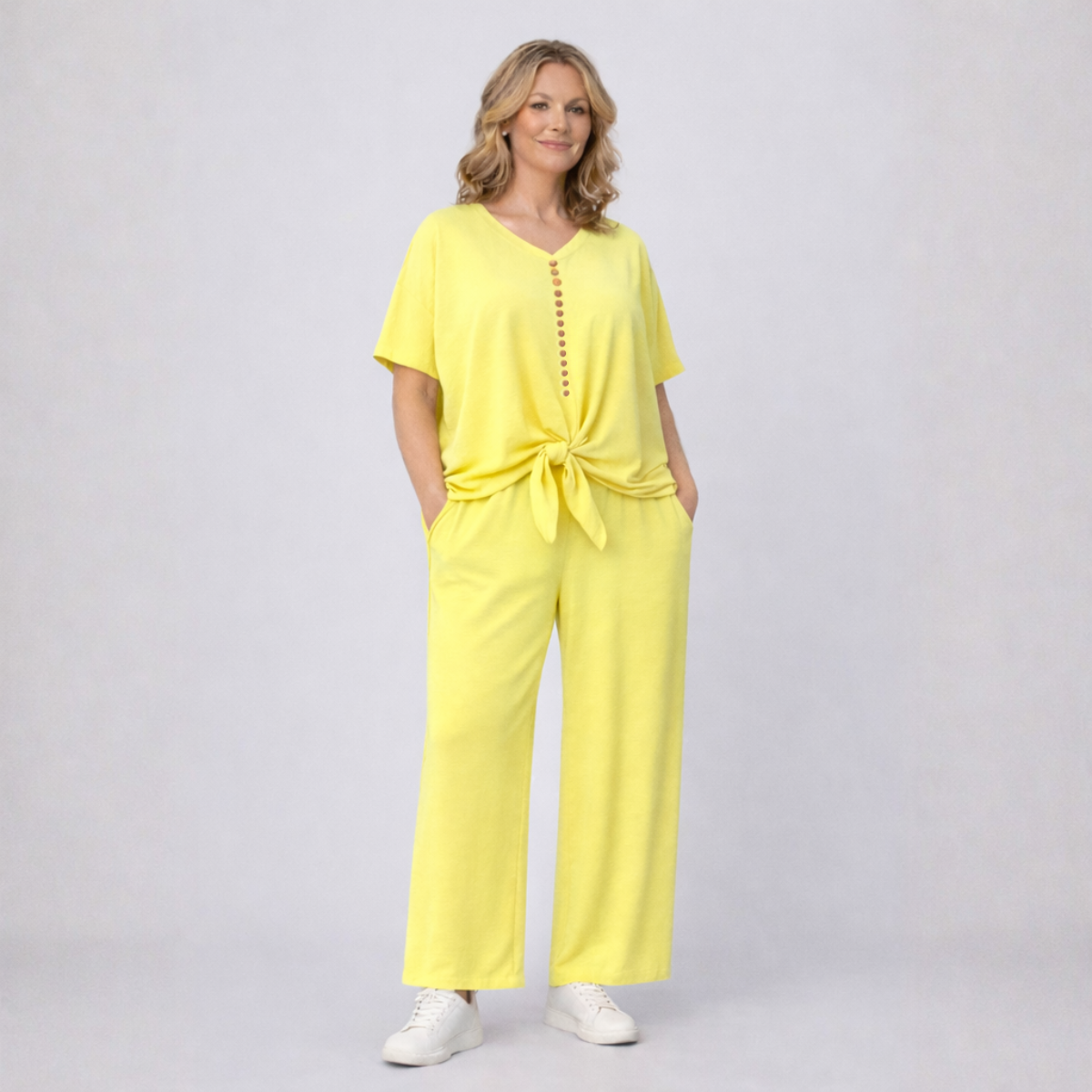 2 Piece Outfit Set with Palazzo Trousers and Tie Hem Blouse