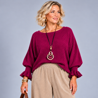 Super Soft Round Neck Batwing Long Sleeve Jumper with Frilled Cuff