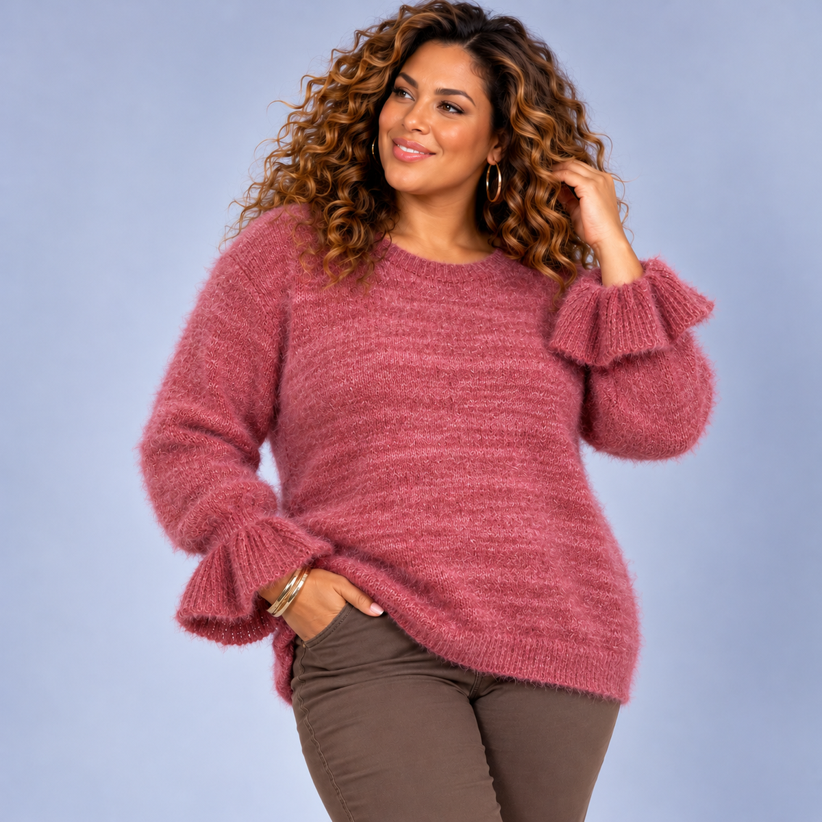 Fluffy Round Neck Long Sleeve Jumper with Frilled Cuffs