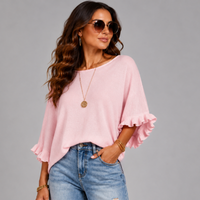 Super Soft Round Neck Batwing Frilled Sleeve Jumper
