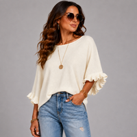 Super Soft Round Neck Batwing Frilled Sleeve Jumper