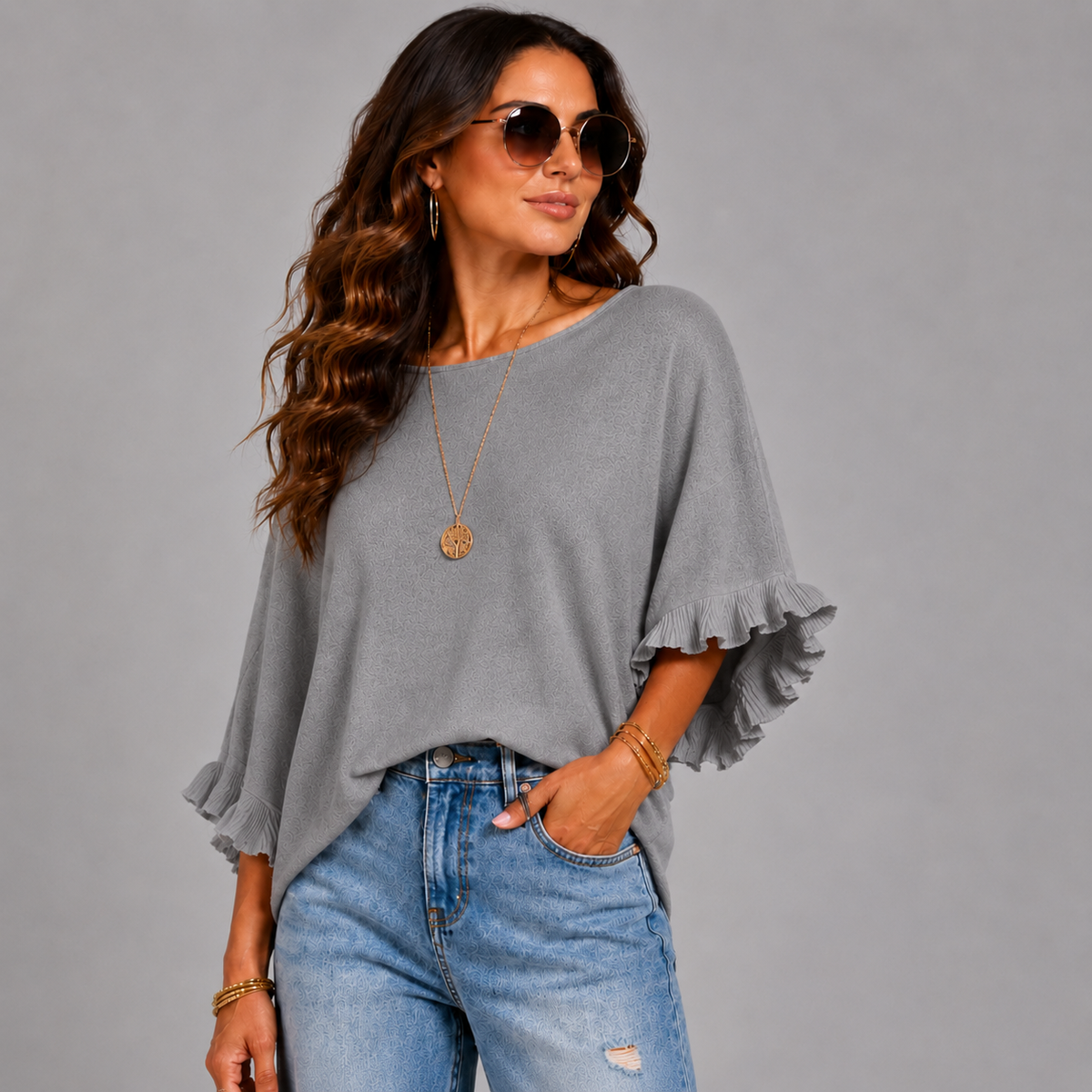 Super Soft Round Neck Batwing Frilled Sleeve Jumper