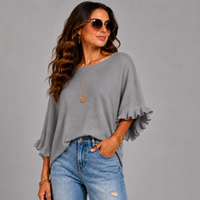 Super Soft Round Neck Batwing Frilled Sleeve Jumper