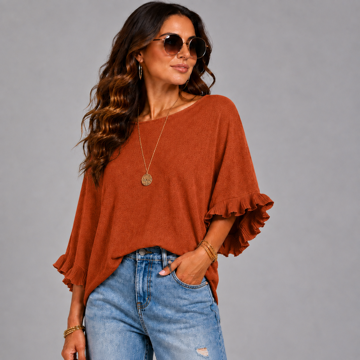 Super Soft Round Neck Batwing Frilled Sleeve Jumper
