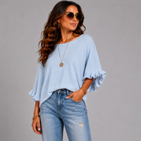 Super Soft Round Neck Batwing Frilled Sleeve Jumper