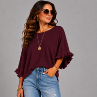 Super Soft Round Neck Batwing Frilled Sleeve Jumper