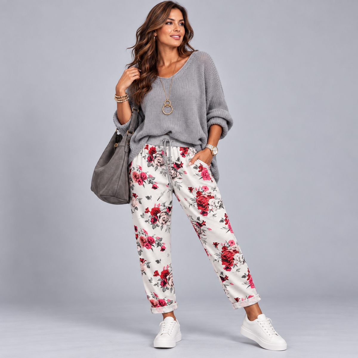 White Pink Floral Joggers with Pockets
