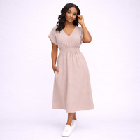 V Neck Elastic Waist Pocket Maxi Dress