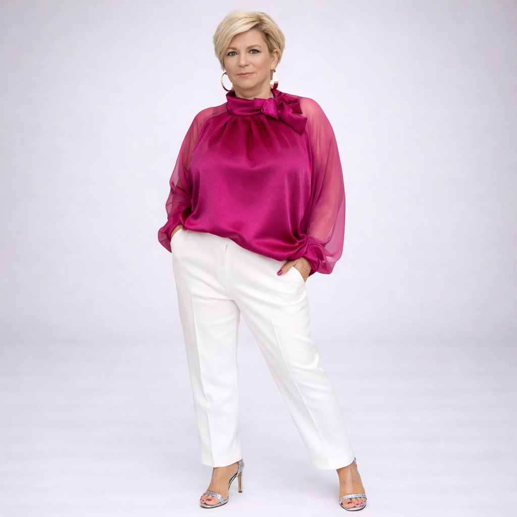 Plain Chiffon Sleeve Blouse with Pretty Side Neck Tie