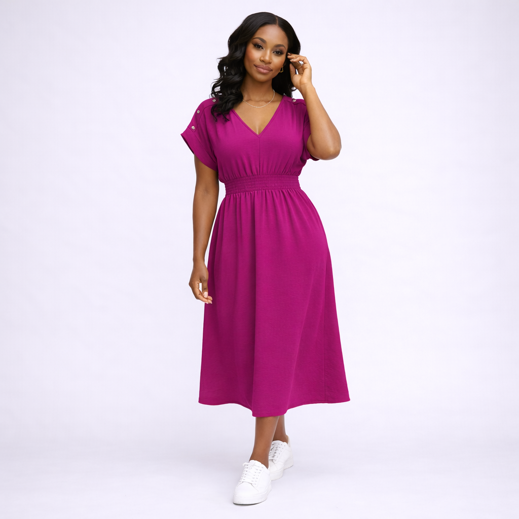 V Neck Elastic Waist Pocket Maxi Dress