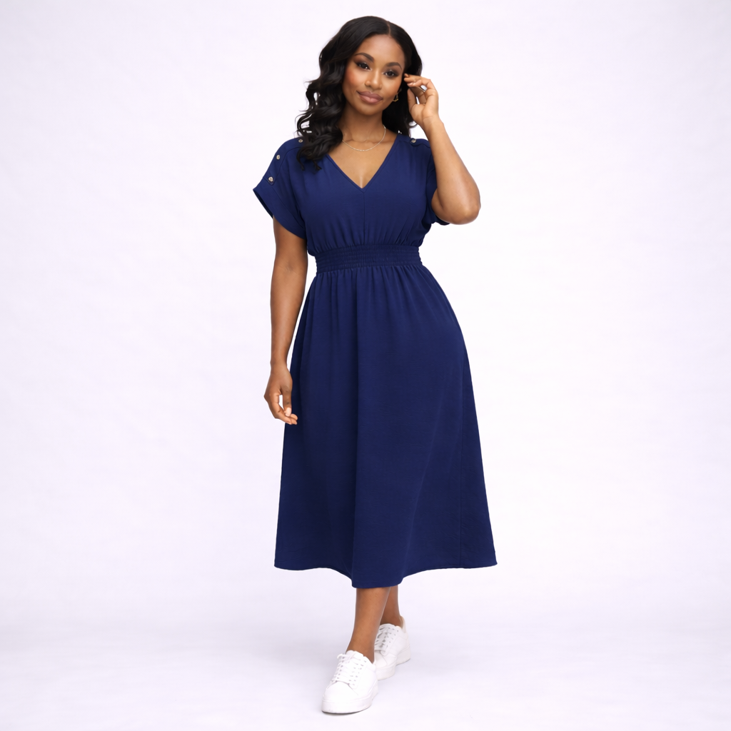 V Neck Elastic Waist Pocket Maxi Dress