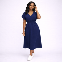V Neck Elastic Waist Pocket Maxi Dress