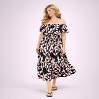 Bright Leaf Print Elastic Waist Gypsy Style Calf Length Dress