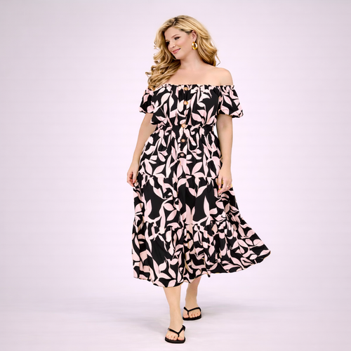 Bright Leaf Print Elastic Waist Gypsy Style Calf Length Dress