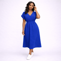 V Neck Elastic Waist Pocket Maxi Dress
