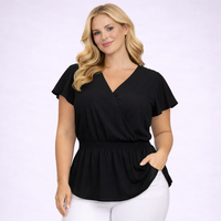 Plain V-Neck Smocked Elastic Waist Peplum Blouse