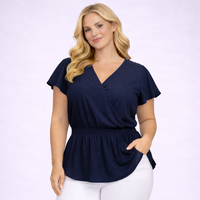 Plain V-Neck Smocked Elastic Waist Peplum Blouse