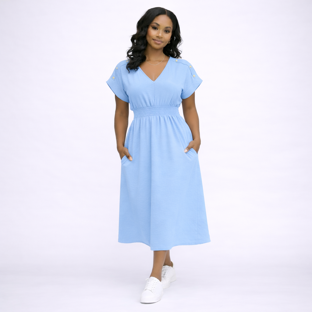V Neck Elastic Waist Pocket Maxi Dress