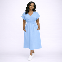 V Neck Elastic Waist Pocket Maxi Dress